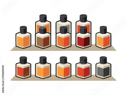 Collection of colorful nail polish bottles arranged on shelves isolated on white background
