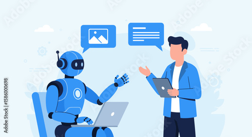 A blue robot with a laptop is shown communicating with a human holding a tablet, symbolizing artificial intelligence and modern digital interaction.