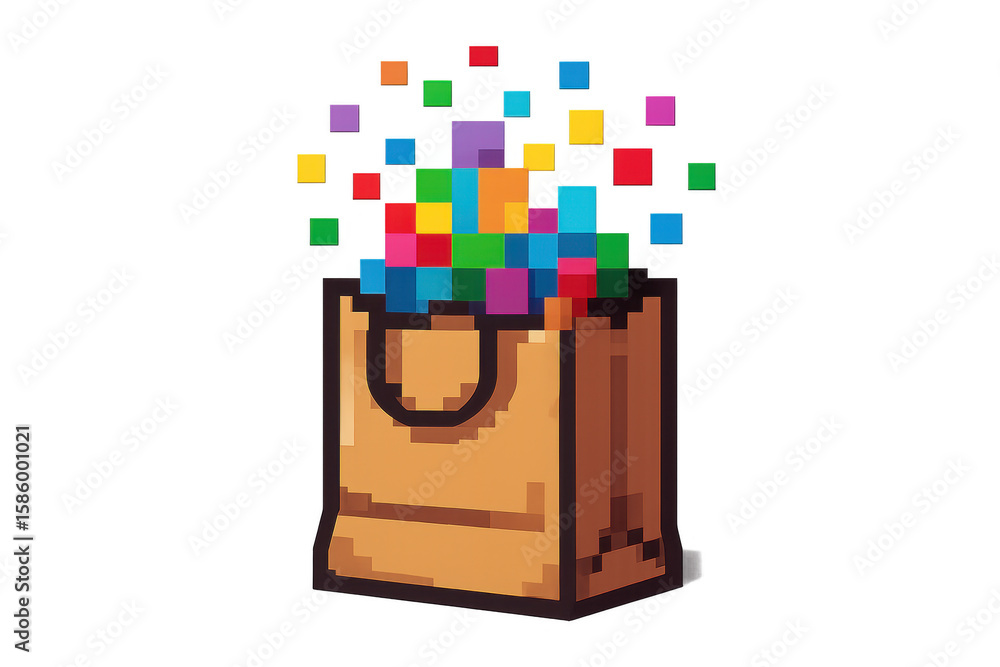 Obraz premium Pixel art shopping bag exploding with colorful pixelated confetti on transparent background