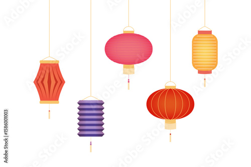 Hanging Chinese lanterns, palace lanterns of different colors, isolated on transparent. Flat vector illustration. Mid Autumn Festival, Lunar New Year design elements collection, holiday clip art set