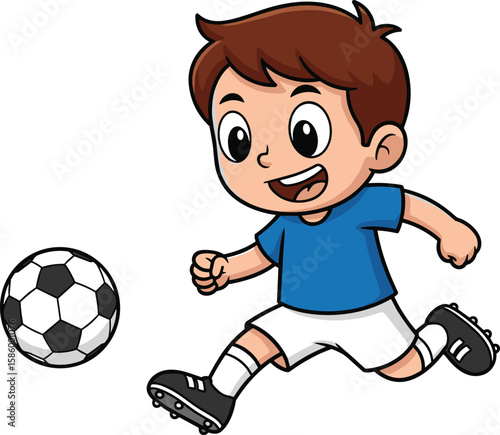 Cartoon boy playing soccer, kicking ball with energy, animated sports character, blue shirt, white shorts, fun athletic illustration design