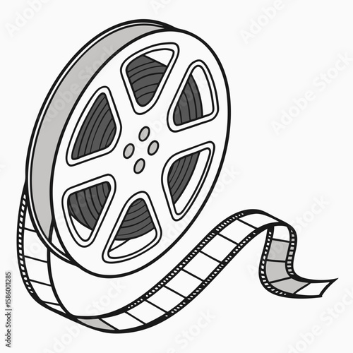 Illustration of a vintage film reel and strip representing cinematic arts and filmmaking processes in a monochromatic style