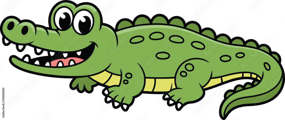 Fototapeta premium Cartoon crocodile vector, green alligator smiling, cute children's animal character illustration, playful reptile art for kids' books and media