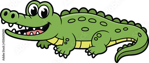 Cartoon crocodile vector, green alligator smiling, cute children's animal character illustration, playful reptile art for kids' books and media