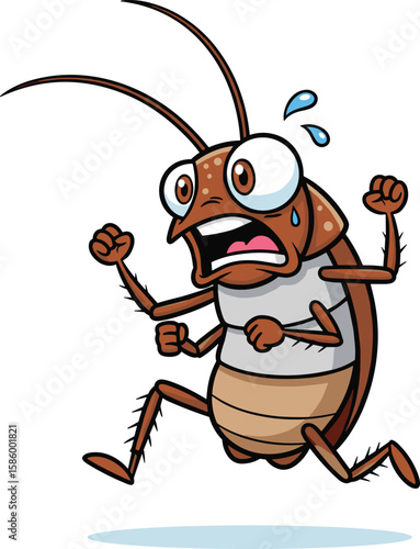 Cartoon cockroach running scared, sweating insect with funny expression, humorous pest illustration, vector bug character, playful dirty home invader