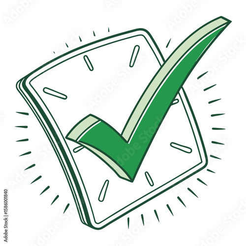 Efficient task completion symbolized by a large green checkmark on a clock face representing timely achievement