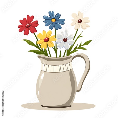 Colorful daisy flowers in a decorative beige pitcher vase illustration