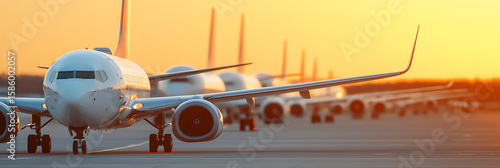 Airplanes lined up on the tarmac during sunrise or sunset. Warm light bathes the scene, highlighting multiple aircraft in a row, ready for departure or after landing.