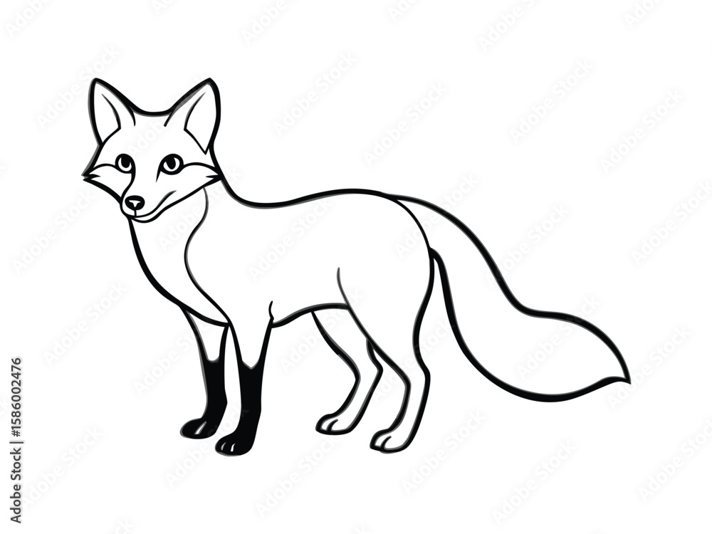Obraz premium Stylized black and white line drawing of a fox standing alert on a white background isolated on white background 