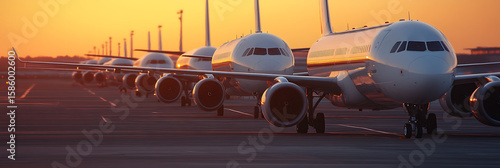 Airplanes lined up at sunset, ready for takeoff. A beautiful display of aviation and engineering. Capturing the essence of travel and adventure.