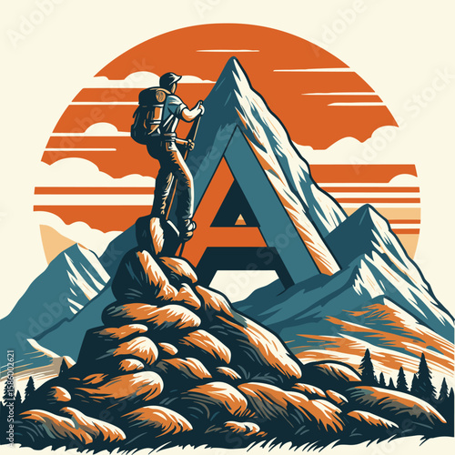Adventure Awaits: Mountain Trekking T-shirt Design with Sunset and Scenic Landscape