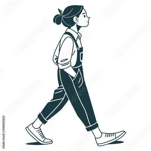 Minimalist illustration of a young woman walking confidently with her hand in pocket showcasing modern casual style and relaxed attitude harmful to