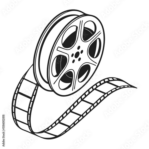 Minimalist black and white illustration of a film reel unwinding with vintage cinematic style for film and media concepts