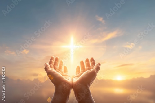 Open hands raised toward a glowing cross in the sky at sunrise, symbolizing faith, hope, and spiritual connection