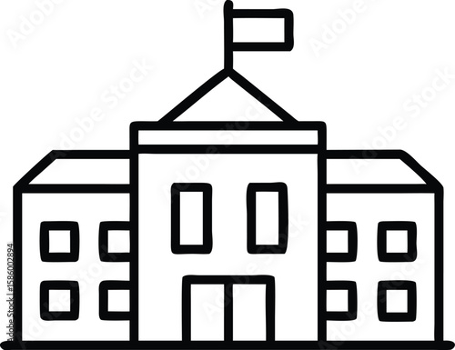 Simple building with flag icon in minimalist black outline style
