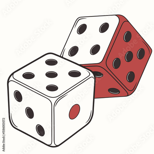 Minimalist illustration of two dice with contrasting black and red sides showcasing a simple yet bold visual representation of chance and randomness