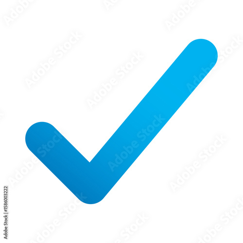 Blue positive vote button with checkmark accept complete task badge vector illustration. Success confirmation logotype keypad agree approved check mark. Done checkbox. Tick button emoji icon.