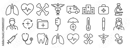Outline medical icons and healthcare symbols set