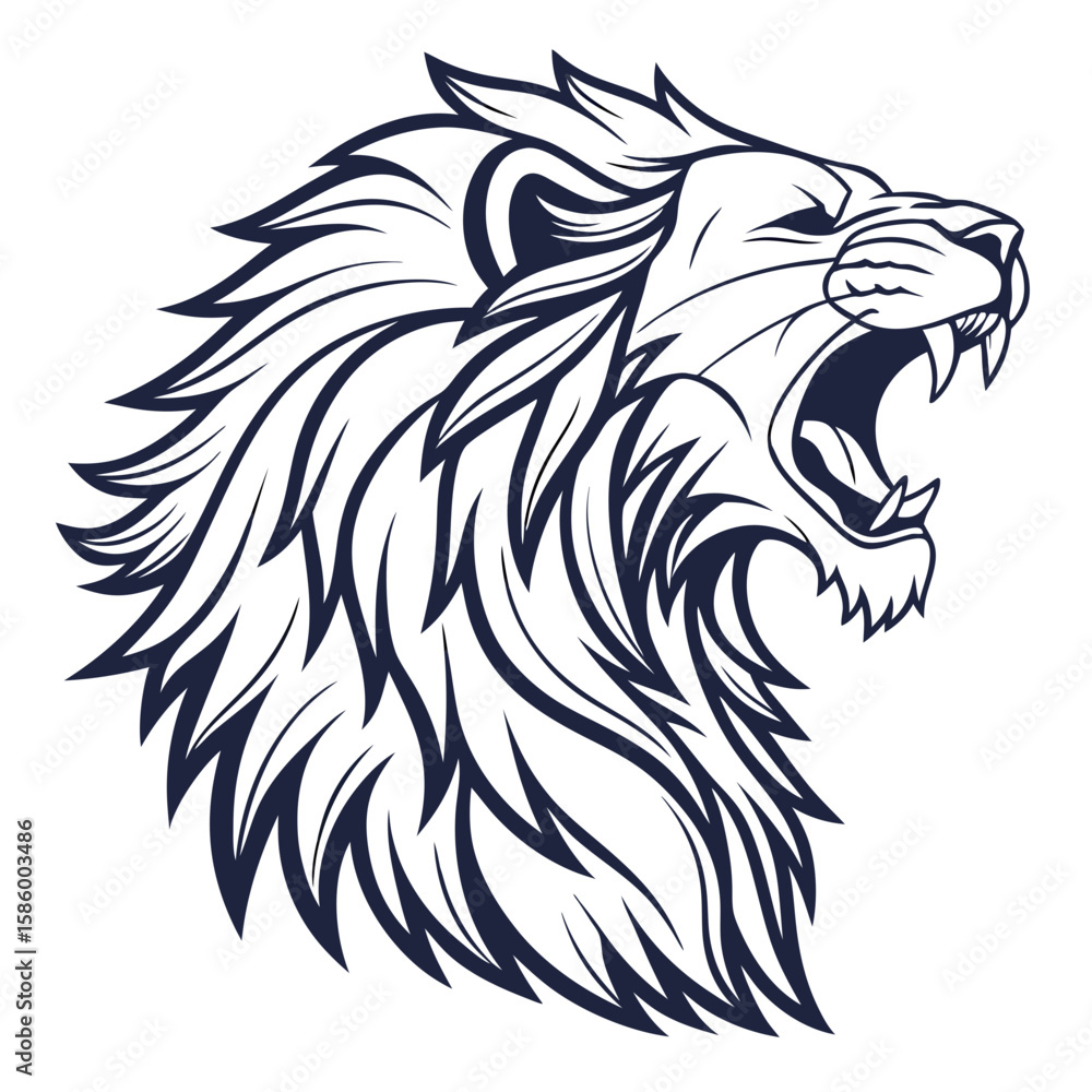 Dynamic bold lion head illustration symbolizing strength courage and leadership with intricate hair details and fierce expression on a white Dynamic bold lion head illustration symbolizing strength courage and leadership with intricate hair details and fierce expression on a white
