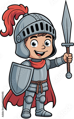 Cartoon knight boy, smiling child hero in armor, sword and shield illustration, fantasy character, medieval adventure, playful red cape design