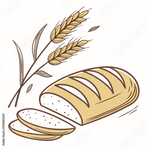 Artistic illustration of freshly baked bread with wheat stalks highlighting wholesome bakery produce and natural ingredients with simple elegant