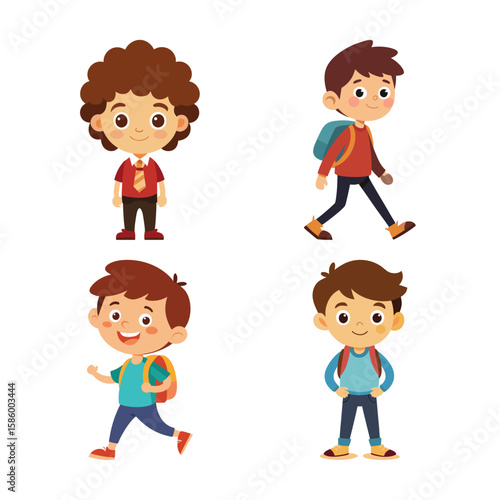 Happy diverse boys cartoon characters; school, friendship, childhood.