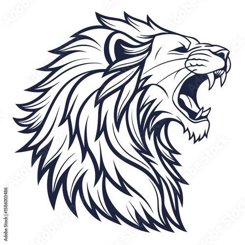 Dynamic bold lion head illustration symbolizing strength courage and leadership with intricate hair details and fierce expression on a white