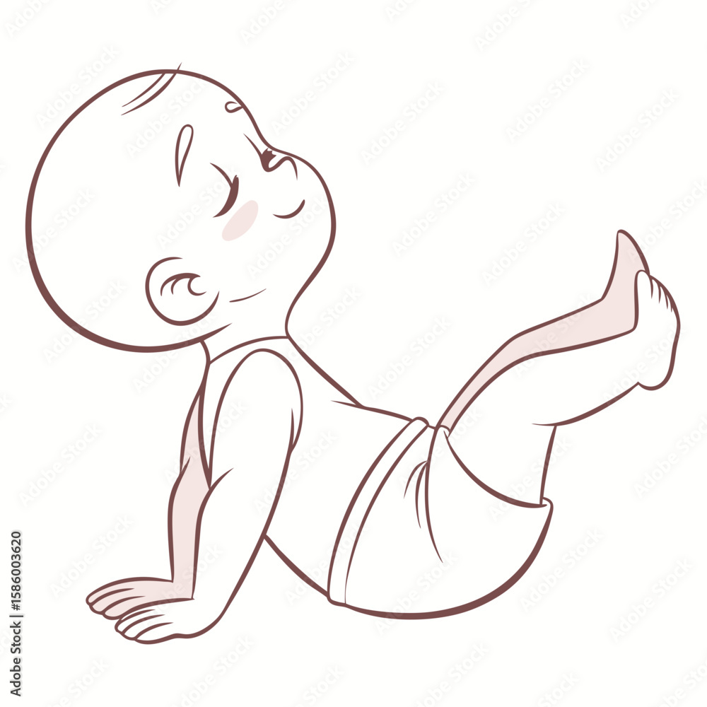 Naklejka premium Minimalist Line Drawing of a Relaxed Baby Sitting Back with Legs Elevated in Relaxed Posture showcasing innocence and calmness in simple artistic