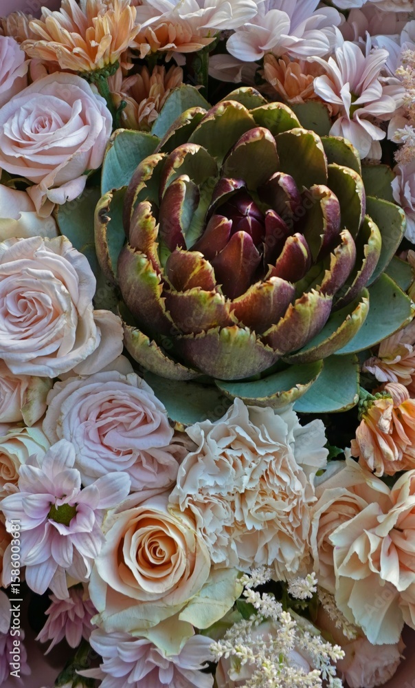 Obraz premium Artichoke in a bouquet of delicate flowers.A close-up of the central artichoke in a composition of cream roses, carnations and chrysanthemums in pastel shades in a pink package
