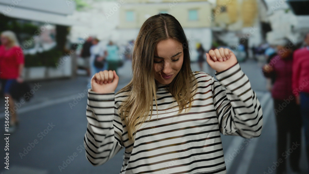Fototapeta premium Smiling young blonde woman stands on a lively city street wearing a striped shirt, capturing the essence of a cheerful outdoor urban environment.