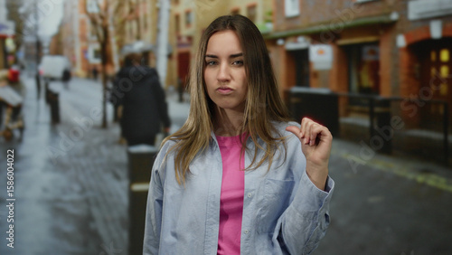 Wallpaper Mural Woman outdoors making a watchful gesture on a city street, expressing vigilance and attention, with a blurred background suggesting urban life and dynamic surroundings. Torontodigital.ca