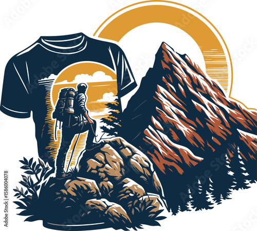 Adventure Awaits: Mountain Trekking T-shirt Design with Sunset and Scenic Landscape