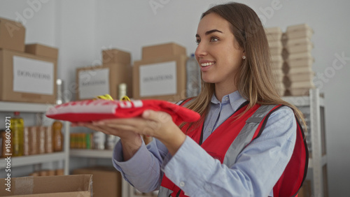 Fotografie Young woman volunteer organizing donations at a charity center while holding a red shirt with boxes and food items visible in the background