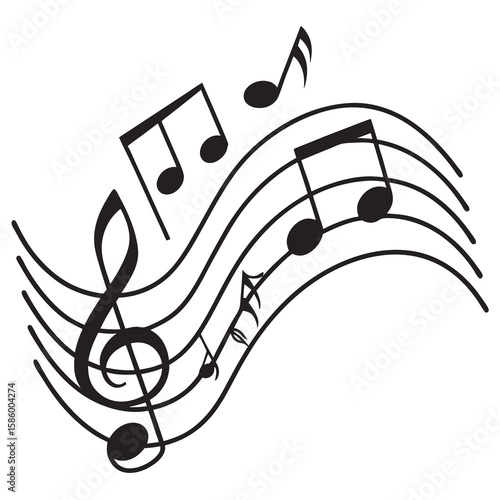 Dynamic musical notes flowing over a staff illustrating vibrant melodic expression and the universal language of sound capturing rhythm and harmony