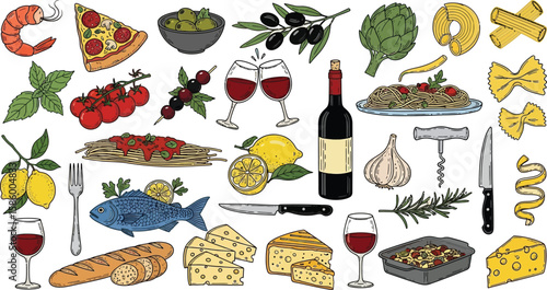 Italian feast flat lay showcases pasta, pizza, wine, and other food