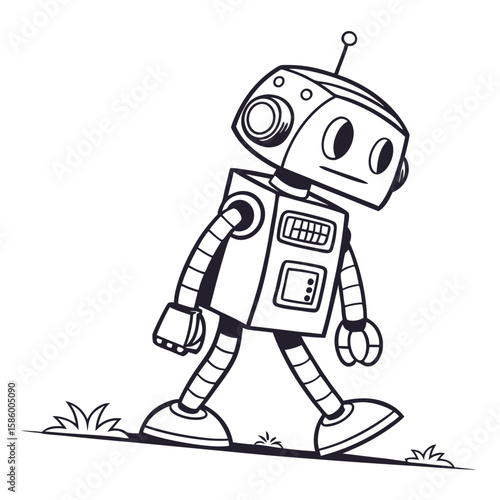 Charming black and white cartoon robot exploring a simple outdoor environment conveying innocence and curiosity in a playful style for children's