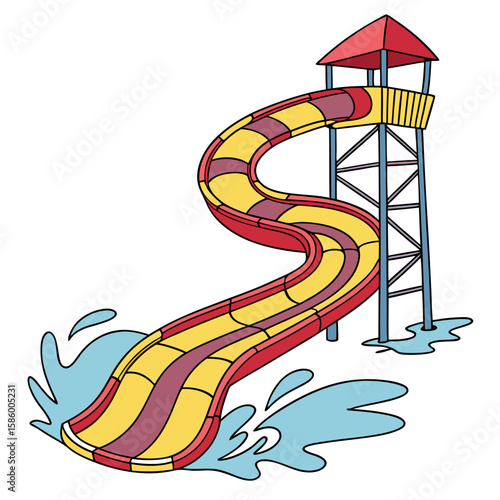 Vibrant water slide tower with dynamic winding design and colorful safety features against a white background