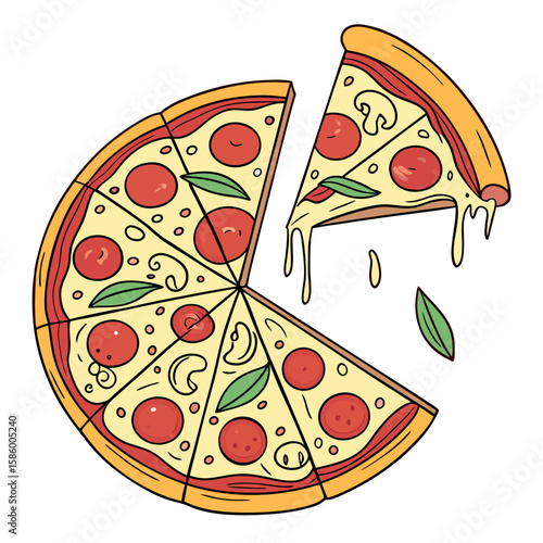 Delicious hand-tossed pepperoni pizza with melted cheese and fresh basil on a classic wooden table