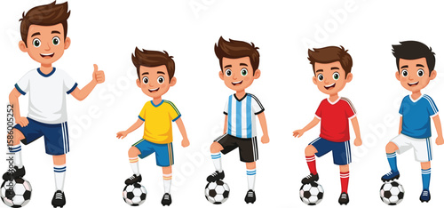 Group of cartoon soccer players, colorful uniforms, each with ball, sports team pose, child athletes, animated fun match illustration