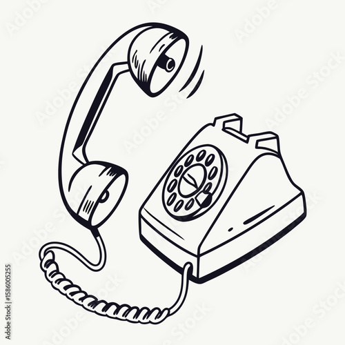 Vintage rotary dial telephone with a classic design emphasizing retro communication devices and nostalgic technology in black and white line art style