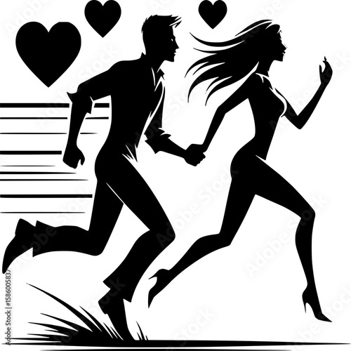 Enduring bond silhouette: A silhouetted depiction of a man and woman, hand-in-hand, running together, with love hearts gracefully adorning the backdrop, depicting everlasting affection.