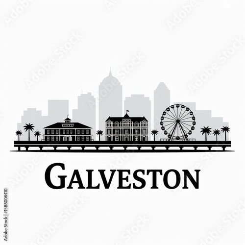 Galveston Skyline Silhouette - Historic Texas Coastal City Vector Illustration
