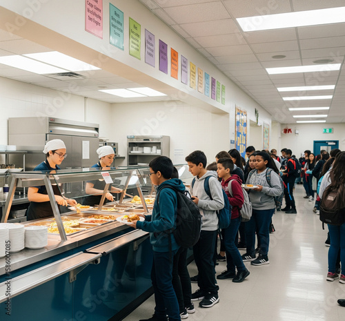 Students line up for lunch in a bright school cafeteria, where workers serve food behind a counter.