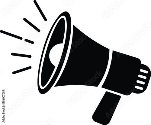 Bold black and white megaphone icon announcing announcement and sound
