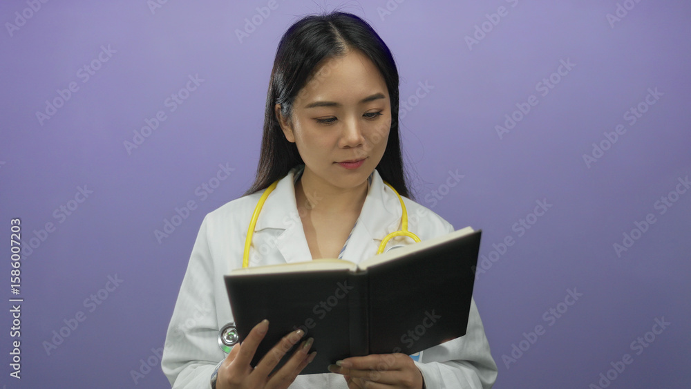 Young chinese woman doctor in white coat and stethoscope reading a book against a purple isolated background wall conveying medical learning. Young chinese woman doctor in white coat and stethoscope reading a book against a purple isolated background wall conveying medical learning.
