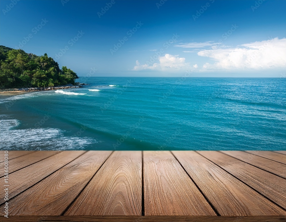 Fototapeta premium wooden table overlooks serene ocean view for calm and peaceful scene