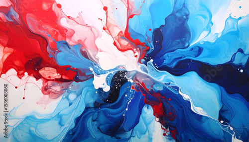 Abstract Red Blue White Ink Painting Swirling Fluid Art