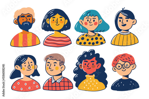 Diverse Illustrated Portraits: A colorful collection of diverse portraits, each showcasing unique features and expressions, celebrating the beauty of individuality and unity. 