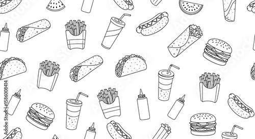 Fast food black and white outline seamless pattern design