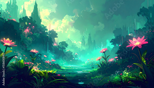 Enchanted Forest Fantasy Landscape with Pink Flowers and Glowing Water